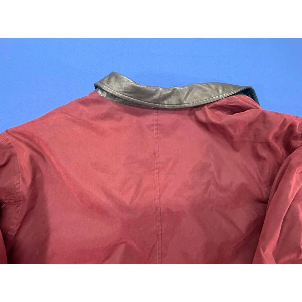 Vintage‎ Eddie Bauer Quilted Barn Jacket Acrylic Trim Leather Collar Red LG
